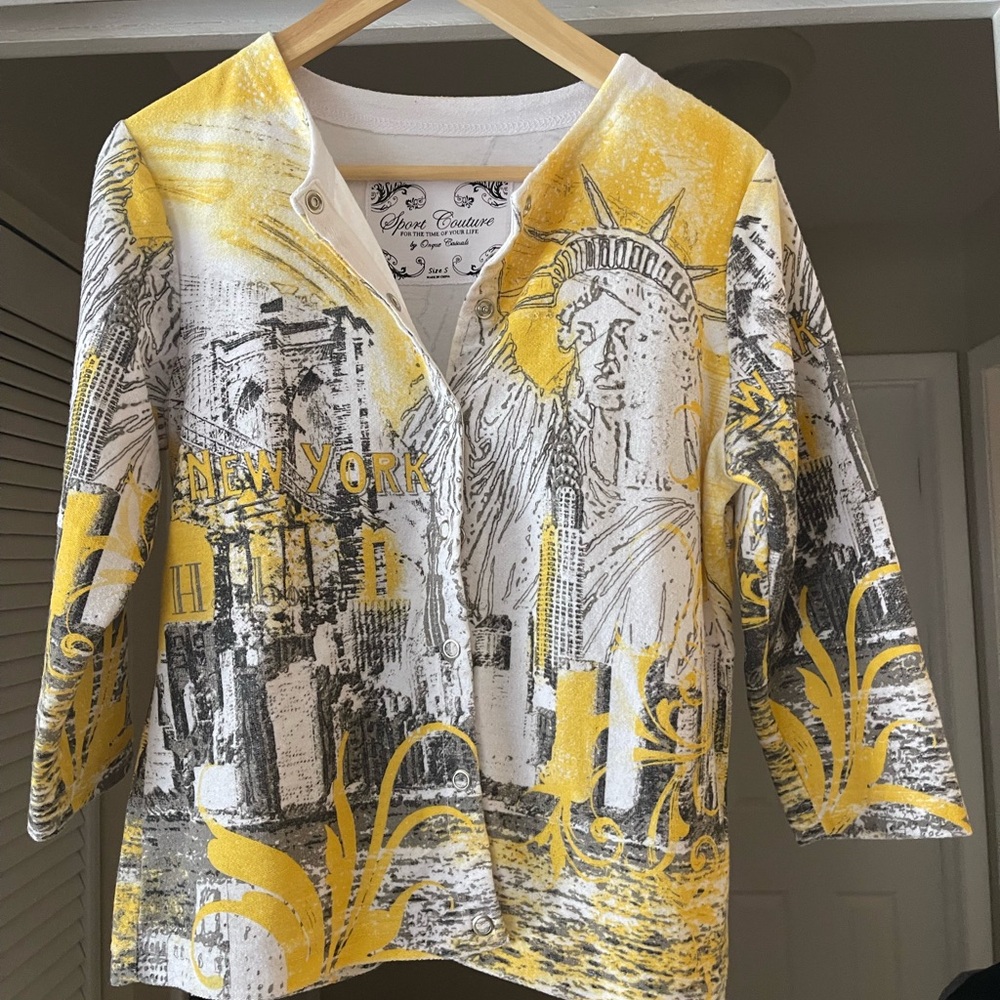 Onque Casuals Yellow and White Top New York graphics, 3/4 sleeves.